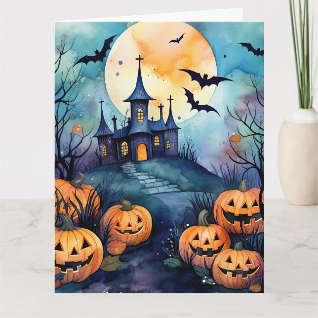 Carte Halloween Pleine lune de nuit Jack O’Lanterns Bats (Devant)