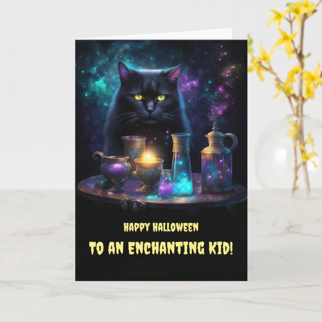 Carte Halloween pour enfants enfants mignonne Chat noir  (Fleur jaune)