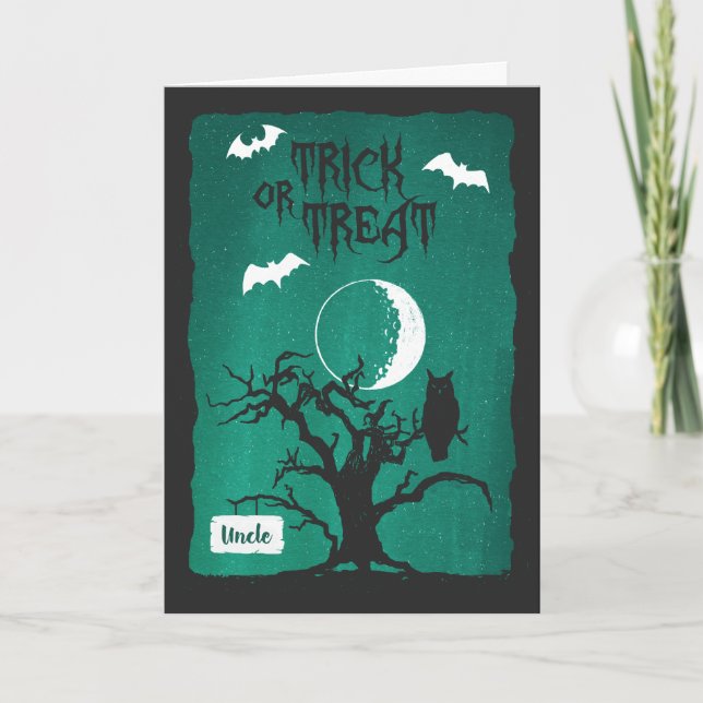 Carte Halloween pour oncle, hibou Crooked Tree Moon & Ba (Devant)