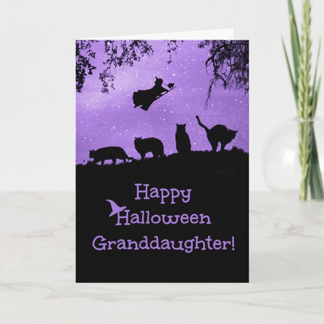 Carte Halloween pour petite fille avec chats et sorcière (Devant)