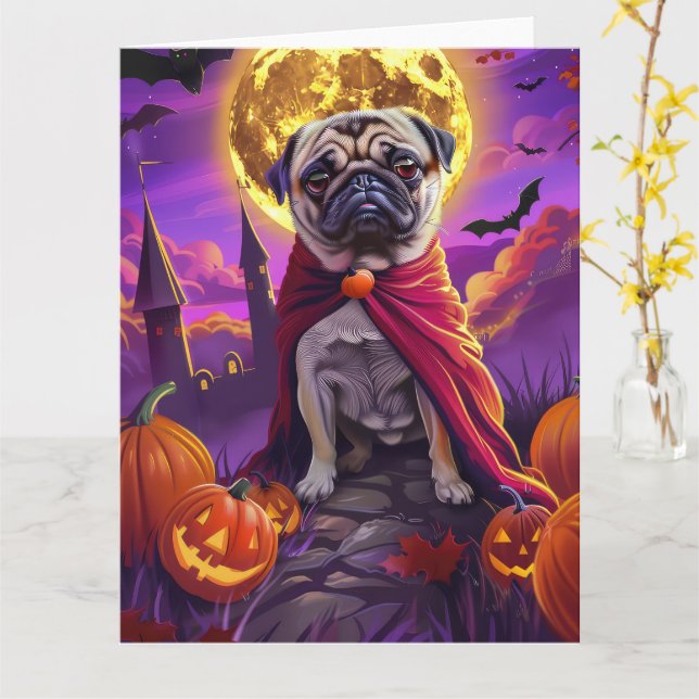 Carte Halloween Pug Vampire Citrouilles Épouvantable  (Fleur jaune)
