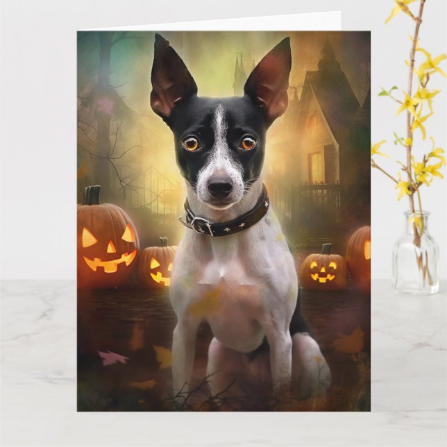 Carte Halloween Rat Terrier Avec La Peur Citrouille (Fleur jaune)