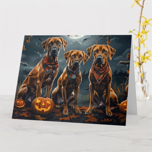 Carte Halloween Rhodesian Ridgeback Éffrayant (Fleur jaune)