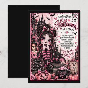 Carte Halloween rose de sorcière mignonne