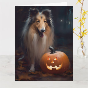 Carte Halloween Rough Collie Avec Citrouille effroi