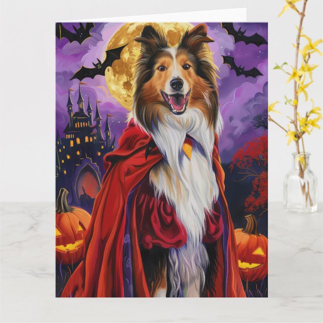 Carte Halloween Rough Collie Vampire Citrouilles effroi (Fleur jaune)