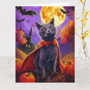 Carte Halloween Russe Bleu Chat Vampire Citrouilles effr