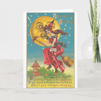 Carte Halloween Salutations Woman in Broom