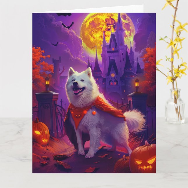 Carte Halloween Samoyed Vampire Citrouilles peur (Fleur jaune)