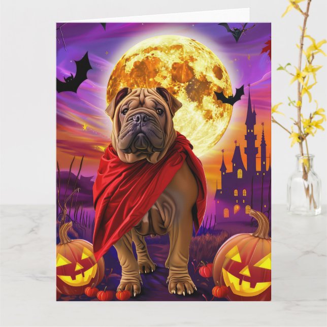Carte Halloween Shar Pei Vampire Citrouilles effroi (Fleur jaune)
