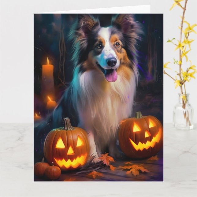 Carte Halloween Shetland Sheepdog Avec la peur Citrouill (Fleur jaune)