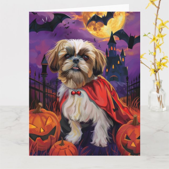 Carte Halloween Shih Tzu Vampire Citrouilles Épouvantabl (Fleur jaune)