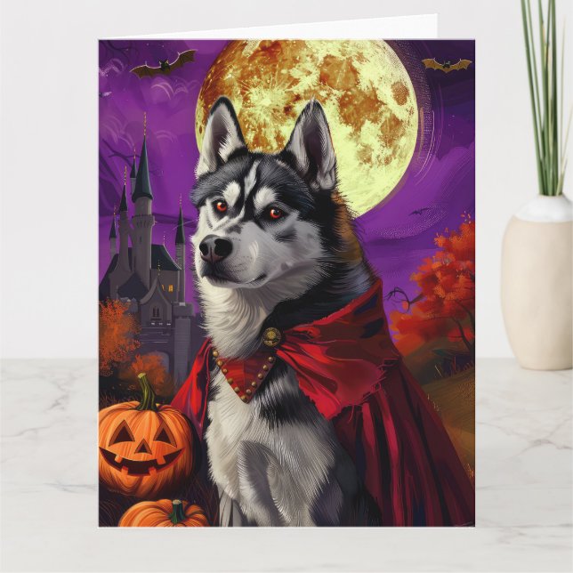 Carte Halloween Sibérie Husky Vampire Citrouilles effroi (Devant)