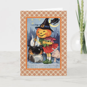 Carte Halloween sorcière Citrouille vintage Cauldr