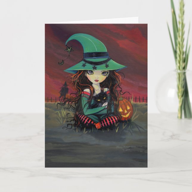 Carte Halloween Sorcière Mignonne et Chat Noir (Devant)