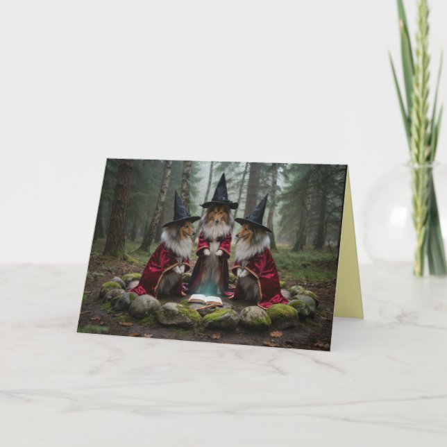 Carte Halloween Sorcière Sheltie (Devant)