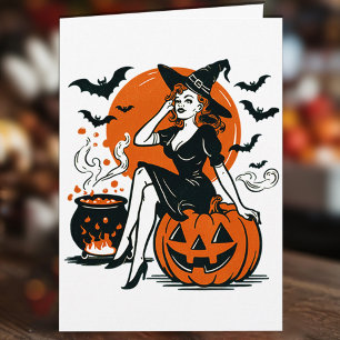 Carte Halloween sorcière Vintage sur Citrouille chauves-