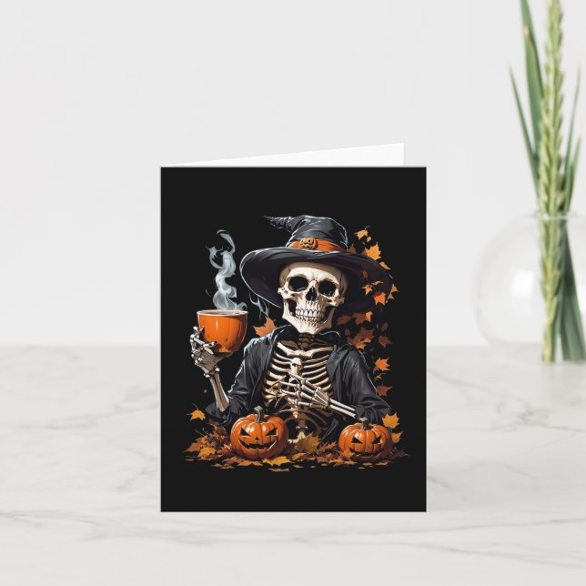 Carte Halloween Squelette Boire Café Horreur Pour Les Fe (Devant)
