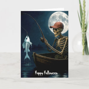 Carte Halloween Squelette pêche dans un bateau en bois