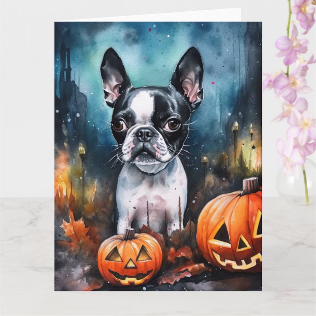 Carte Halloween Terrier de Boston avec citrouilles effra (Orchidée)