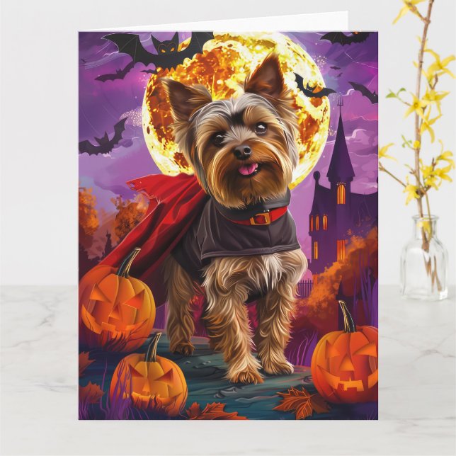 Carte Halloween Terrier du Yorkshire Vampire Citrouilles (Fleur jaune)