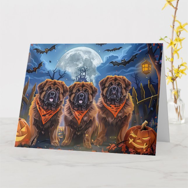 Carte Halloween Tibétain Mastiff Éffrayant (Fleur jaune)