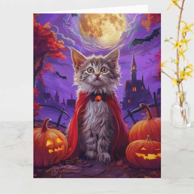 Carte Halloween turc Angora Cat Vampire Citrouille effro (Fleur jaune)