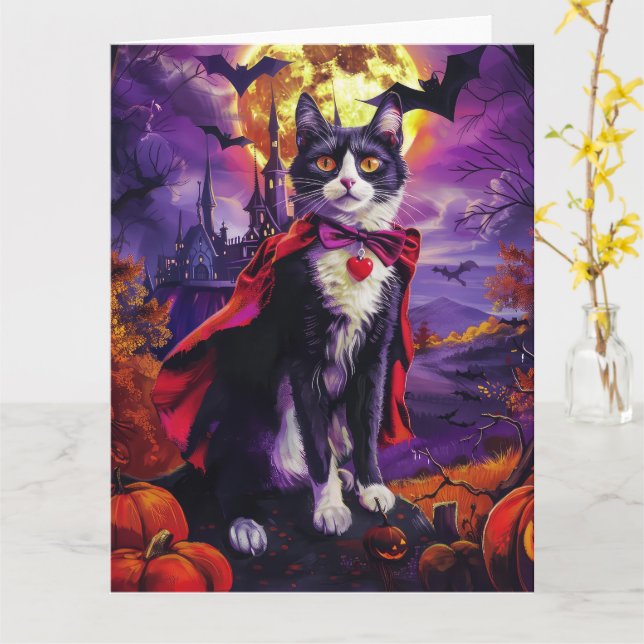 Carte Halloween Tuxedo Chat Vampire Citrouilles effroi (Fleur jaune)