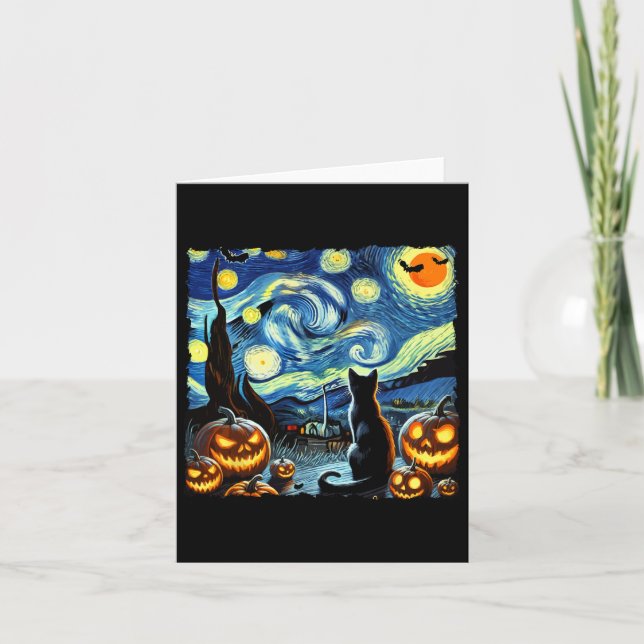 Carte Halloween Van Gogh Starry Nuit Noir Chat (Devant)