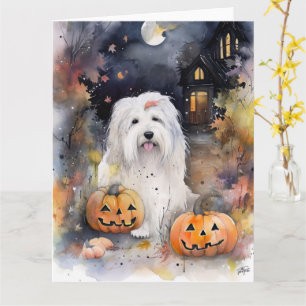 Carte Halloween vieux chien anglais avec la peur Citroui