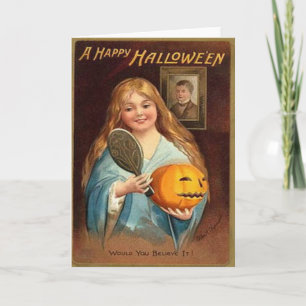 Carte Halloween Vintage dame avec miroir