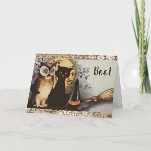 Carte Halloween vintage de Chat et de Chouette noire