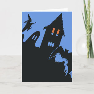 Carte Halloween vintage, maison hantée effrayante et sor