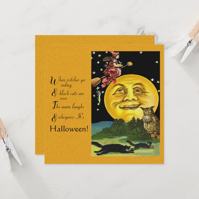 Carte Halloween vintage quand sorcières vont équitation (Devant/Arrière en situation)