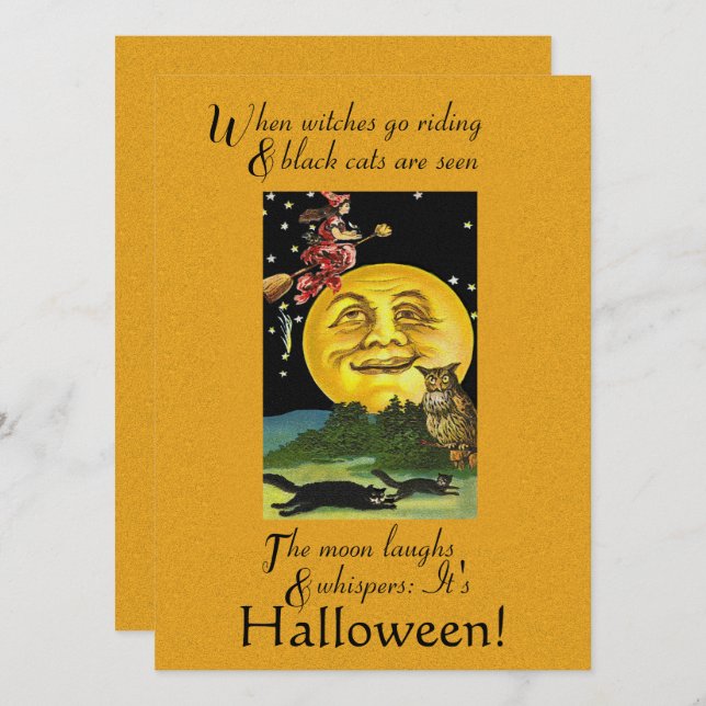 Carte Halloween vintage quand sorcières vont équitation (Devant / Derrière)