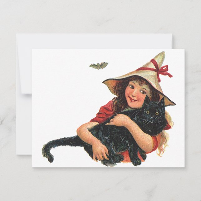 Carte Halloween vintage, sorcière avec chat noir (Devant)