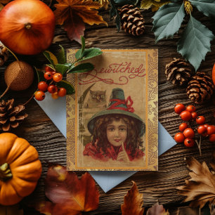 Carte Halloween vintage sorcière ensorcelée et hibou