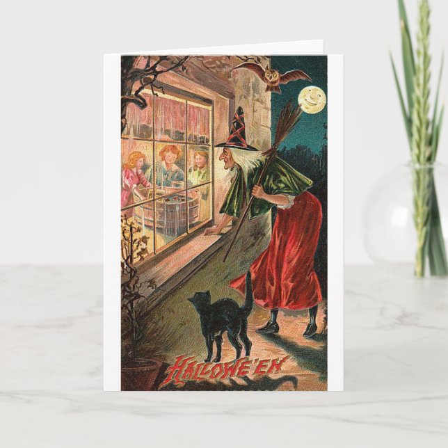 Carte Halloween Witch, Cat Staring in Window (Devant)