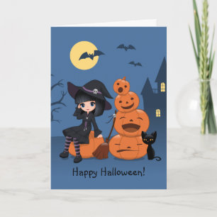 Carte Halloween Witch, Chat noir et Citrouille