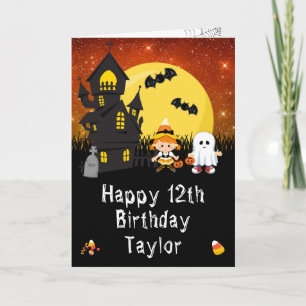 Carte Halloween Witch Ghost Orange Joyeux anniversaire