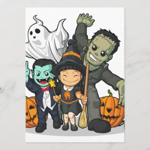Carte Halloween Witch, Vampire, Frankenstein & Ghost