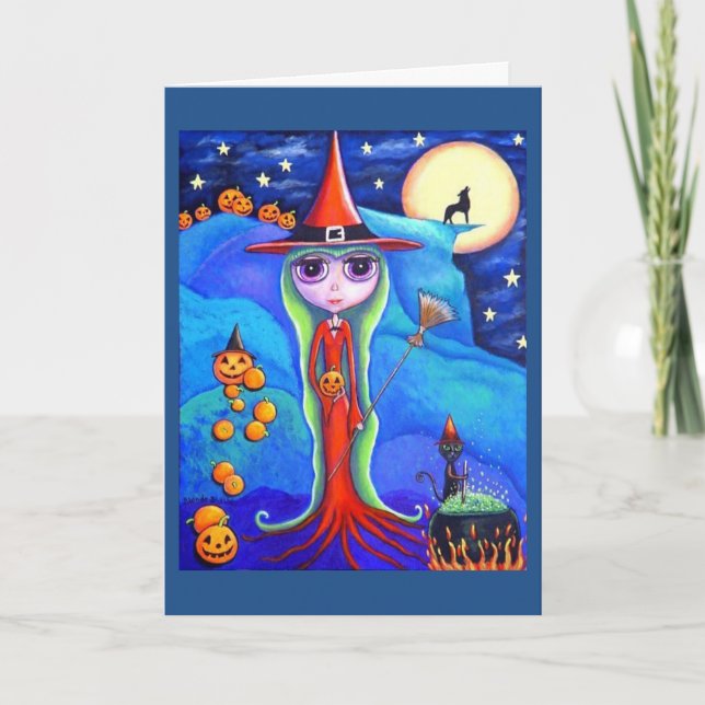 Carte Halloween Witf Wolf Black Cat Cauldron Citrouilles (Devant)