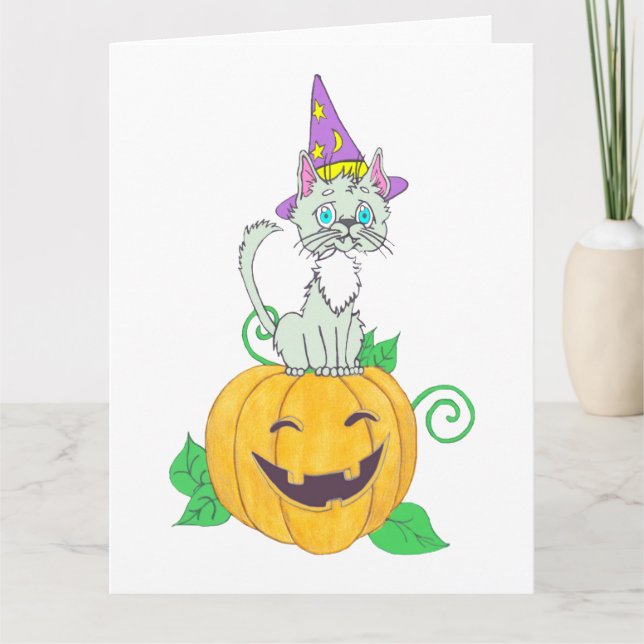 Carte Halloween Wizard Chat on Citrouille (Devant)