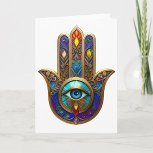 Carte Hamsa Coloré Turquoise Saphir Troisième Œil Or