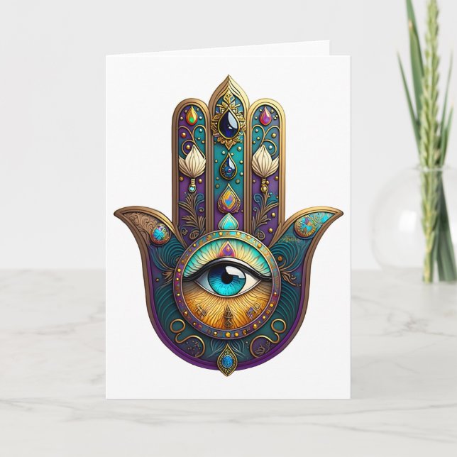 Carte Hamsa Violet Turquoise avec Troisième Œil Sarcelle (Devant)