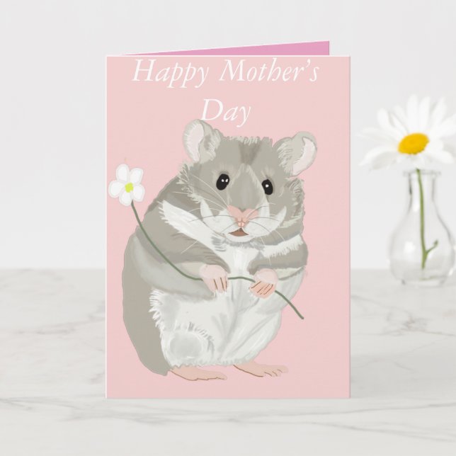 Carte Hamster gris et blanc mignon tenant une fleur (Petite plante)