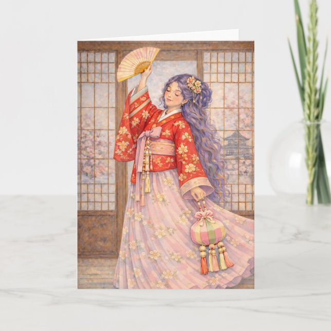 Carte Hanbok Élégant avec Éventail (Devant)