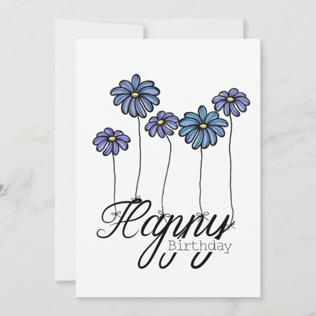Carte Hand-Drawn Birthday Card w Blue Flower Balloons (Devant)