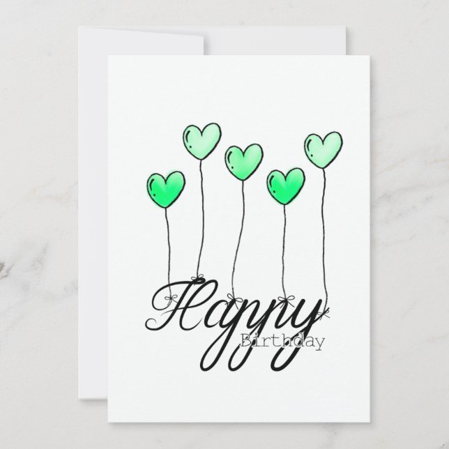 Carte Hand-Drawn Birthday Card w Green Heart Balloons (Devant)