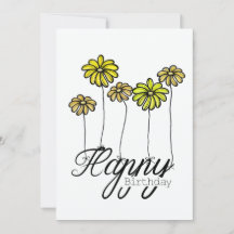 Hand-Drawn Birthday Card w Yellow Flower Balloons